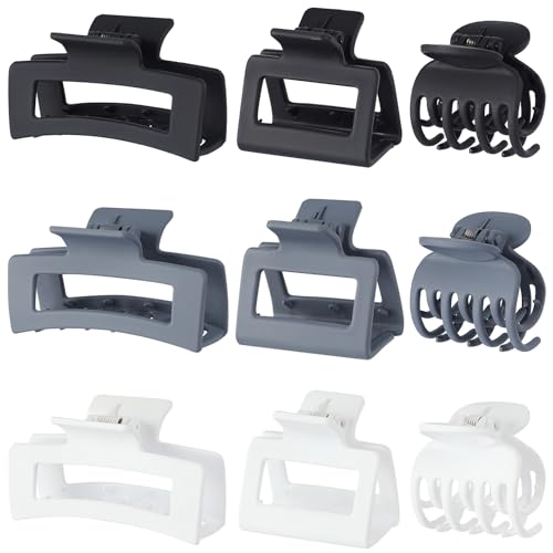 CHANDAT 3 Style Claw Hair Clips Set for Women - 9 pcs Medium Rectangle Clips for Thick Hair, Square Clips for Thin Hair - Grey - color: Neutral