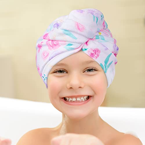 Basumee Microfiber Hair Towel Wrap for Kids 2 Pack Rapid Drying Hair Towel with Button Hair Turbans for Wet Hair Wraps Head Towel Wrap for Women and Girls, Flower - color: Flower and Butterfly