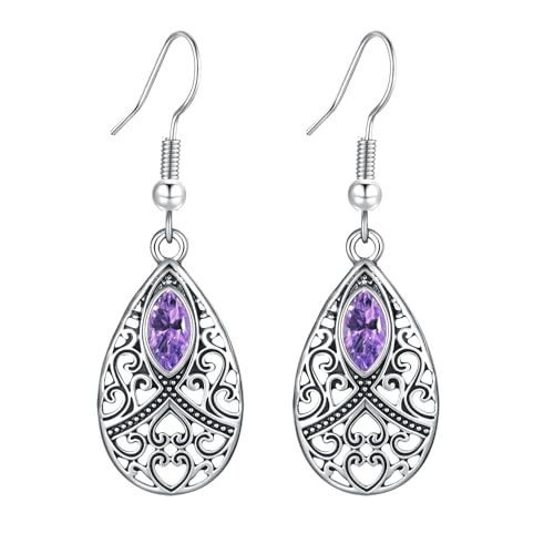 Silver Dangle Earrings For Women Trendy,Boho Cute Drop Western Earings,Vintage Gothic Ethnic Statement Beach Vacation Long Earrings with Leaf Teardrop Turquoise Crystal Tassels,Fashion Jewelry Birthday Gift. - color: A50) Purple Crystal Engarved Flower Dr