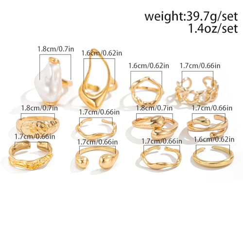Chunky Gold Rings for Women Non Tarnish Boho Stackable Rings Set Adjustable Open Joint Finger Midi Knuckle Ring Packs - color: Gold Pearl Rings 12Pcs