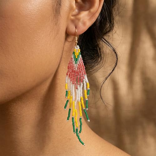 Flower Black Beaded Long Tassel Western Native American Earrings For Women Dangling - color: yellow green