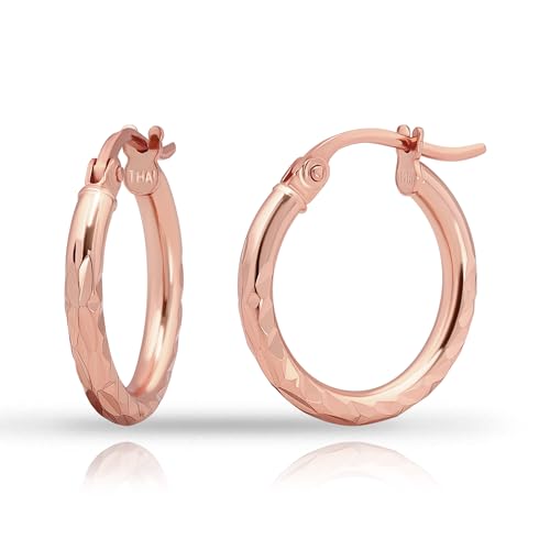 Hoops & Loops 925 Sterling Silver Diamond-Cut Hoop Earrings for Women, 2mm Textured Lightweight Click Top Hoops, 15mm 20mm 25mm 30mm, Silver 14k Yellow Gold & Rose Gold Flash Plated - color: Rose Gold - 15mm (0.59'')
