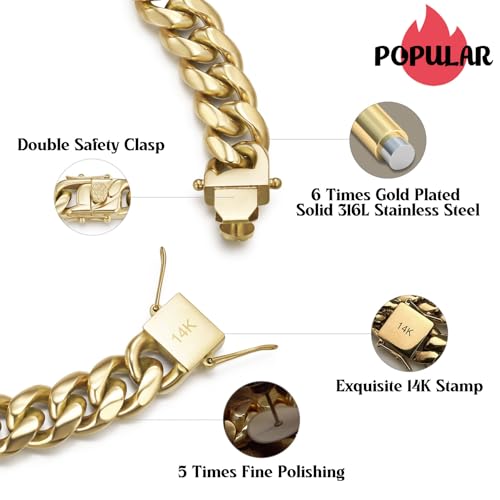 CG&KYGG 12MM 14K Gold Plated Cuban Link Bracelet for Men, Chunky 316L Stainless Steel Chain Necklace for Women, Gift for Birthday & Holiday(Delicate Package, Double Safety Clasp with 14K Stamp) - style: 12mm 14k gold bracelet