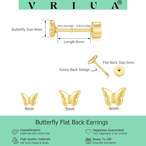 VRIUA 20G Tiny Flat Back Earrings for Women - 14K Gold/Silver Plated Small Flat Back Stud Earrings Hypoallergenic Cartilage Helix Piercing Jewelry - color: 4/5/6mm-Butterfly Flat Gold