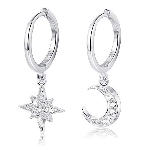 MILACOLATO 925 Sterling Silver Hoop Earrings for Women 18K Gold/Rhodium Plated Drop Dangle Hoop Earrings with Charms Cross Spike Moon Star Paperclip Link Statement Earrings Convertible Link Huggie Earrings Hypoallergenic - color: Silver Tone : Moon Star E