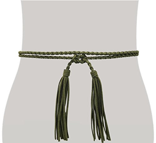 TeeYee Women Girls Braided Waist Tie Belt/Rope with Tassel Wrap Cloth Belts for Dress Pants - color: Dark Green, size: 63inch