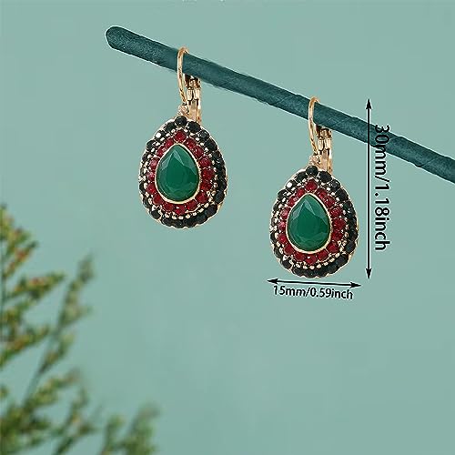 Unique Bohemian Vintage Sparkly Crystal Colorful Round Flower leverback earrings Boho Retro Bronze Circle Beaded Flower Floral Dangle Drop Earrings for Women - color: Green 8
