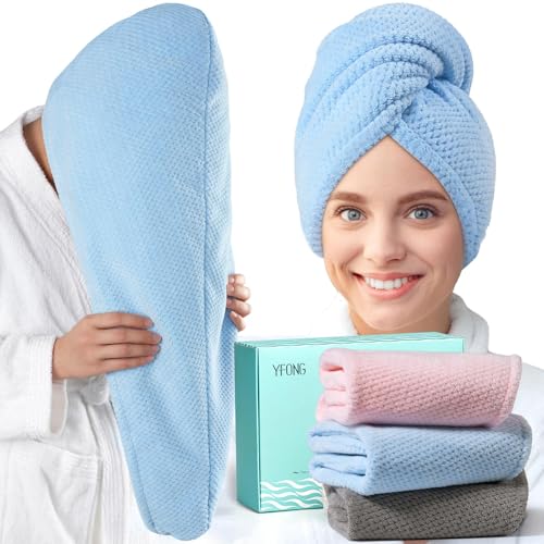 YFONG 3 Pack Large Microfiber Hair Towel Wrap, 30" x 10" Thicker Anti Frizz Quick Dry Hair Towels for Women Long, Curly, Thick Hair, Super Absorbent Hair Turban for Wet Hair (Grey, Pink, Blue) - color: Grey, Pink, Blue