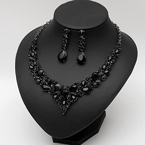 CSY 4 Pcs/Set Austrian Crystal Necklace Earrings Bracelet Ring Bridal Jewelry Sets for Brides Wedding Party Costume Accessories Gifts for Women - color: 02-black