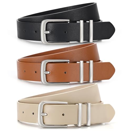 3 Pack Women's Belts for Jeans Pants Dresses Fashion Ladies Leather Waist Belt with Buckle Leather Belts - color: Black+beige+brown(silver), size: Fit Waist Size 31-36in