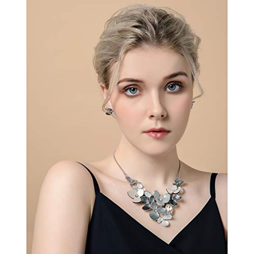 AMYJANE Vintage Statement Jewelry Set - Spring Leaf Flower Floral Plant Necklace Earring Set Crystal Rhinestone Fashion Costume Jewelry for Women Prom Party Unique Gift - style: meilian flower jewelry set grey