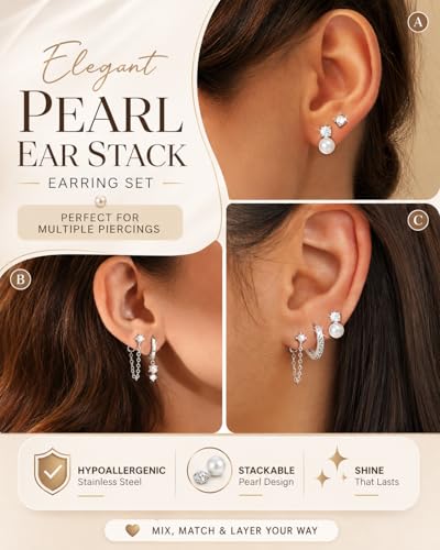 LOYALLOOK Hypoallergenic Flat Back Stud Hoop Earrings for Women, 14K Gold Plated Surgical Steel Earring Stacks Set for Sensitive Ears, Dainty Dangle Chain Silver Cartilage Earring Trendy Piercing Jewelry - color: Silver-pearl