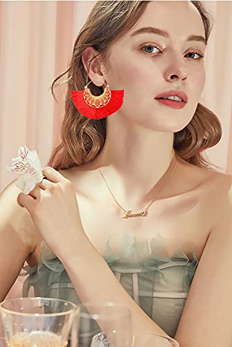 Tassel Hoop Earring Statement Thread Dangle Earrings Stylish Long Fringe Drop Earrings Lightweight Long Swingy French Hook Earrings for Women - color: B Red