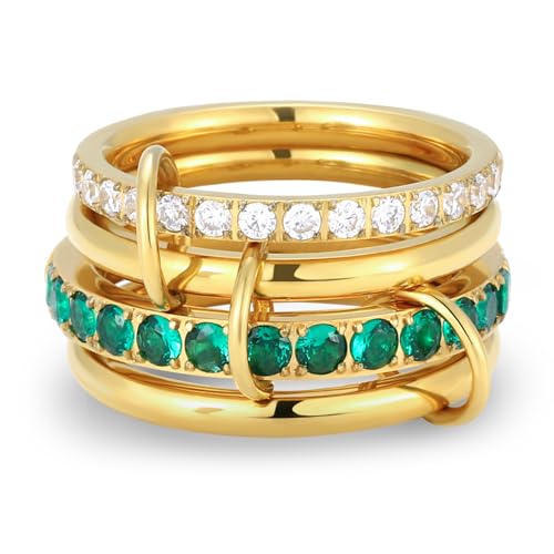 Gold Stackable Rings for Women,18K Gold Plated with Green Cubic Zirconia,Vintage Gold Stacked Multi Ring Interlocking Mixed Stacked Rings for Women Non Tarnish - color: Gold Green 4 Set