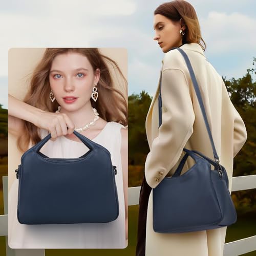 KOGTLA Medium Genuine Leather Purses for Women with Detachable Satchel Strap, Ladies Soft Handbags, Tote Hobo Bags - color: Blue