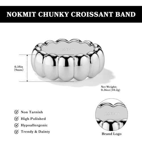 NOKMIT 14K Gold Filled Chunky Statement Rings for Women Cute Puffy Dome Croissant Thumb Band Non Tarnish Comfort Fit Size 5-10 - color: A-Silver