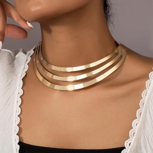 Chunky Chain Necklaces Women Statement Collar Necklace Gold Flat Snake Chain Choker Ribbed Design for Party, Dress Jewelry Gifts - color: A4