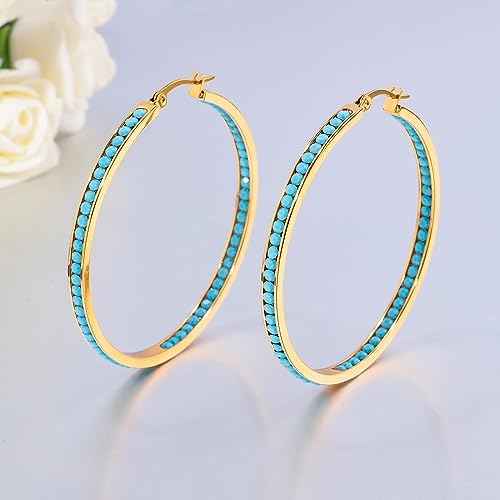 CiNily Mult-colors Crystal Stainless Steel Hoop Earring for Women Hypoallergenic Jewelry for Sensitive Ears Large Big Hoop Earrings 2" - color: Gold-Turquoise