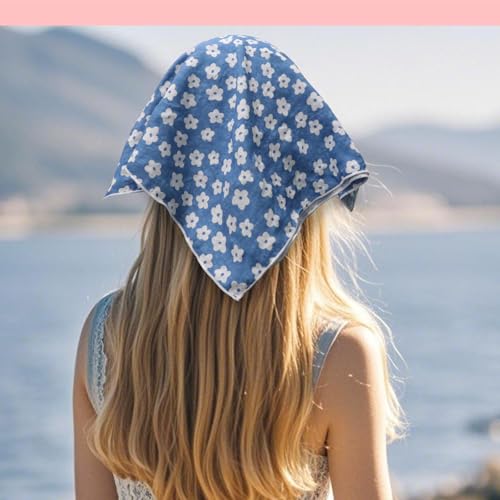 Bandanas for Women Men 21"x21" Floral Headband Scarf Versatile Hair Bandana Square Head Scarf - color: White Flowers in Sky Blue