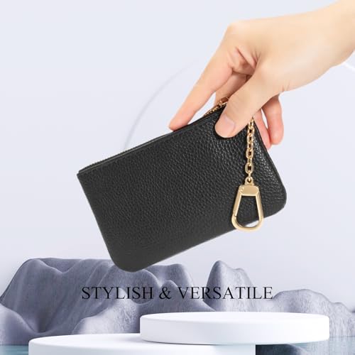 Full Grain Leather Coin Purse with Key Chain - Small Change Purse Keychain Card Holder Keychain Pouch Small Keychain Wallet for Women and Men (Black - Large Size) - color: Black, Large Size