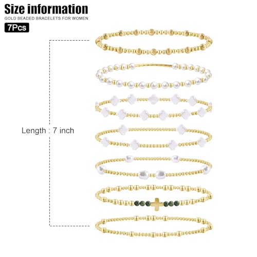 VIBILIA Gold Beaded Bracelets Set for Women 14K Gold Plated Dainty Pearl Cross Bracelet Stack Stretch Bracelet Set Fashion Accessories Gifts - color: 7P-SYC