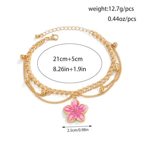 Ankle Bracelets for Women Gold Anklets for Women Waterproof Summer Beach Jewelry Pink Blue White Silver Flower Anklets for Women Plus Size Anklet Bracelet for Big Ankles Foot Jewelry - color: 4 - pink