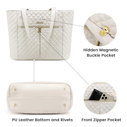 LOVEVOOK Laptop Bag for Women 15.6 inch,Diamond Quilted Work Women Laptops Tote Computer Shoulder Bag,Stylish Travel Tote Bags Purse Briefcase Case Handbag with Clutch Bags,Off-white - color: Off-white(quilted), size: 15.6 Inch