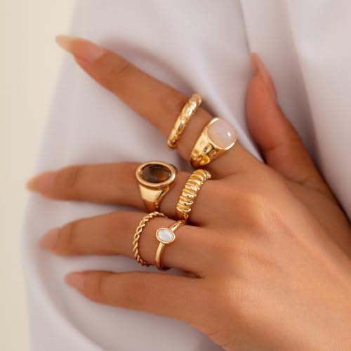 Chunky Gold Rings for Women Non Tarnish Silver Chunky Rings Set Adjustable Thick Statement Ring Gold Stackable Ring for Women Trendy Fashion Silver Jewelry - style: Style8-Gemstone Gold 6Pcs