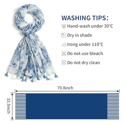 QIUTIMIY Scarf for Women Lightweight Soft Floral Leopard Printed Scarves Fall Winter Fashion Shawl Wrap with Fringe - color: Flower-sblue White