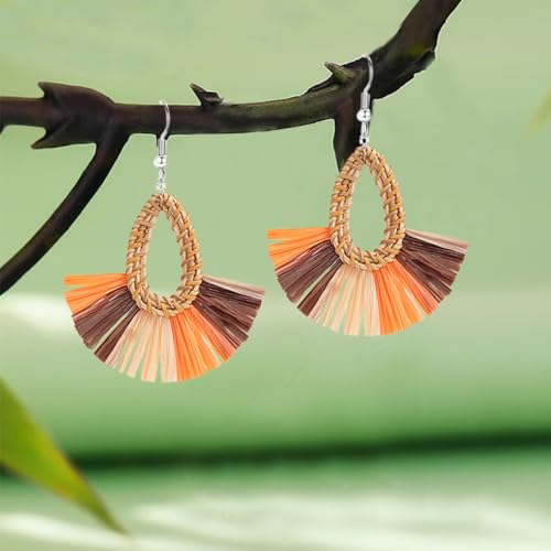 Boho Summer Beach Earrings for Women Lightweight Straw Wicker Earring Statement Raffia Fan Round Tassel Dangle Drop Earrings Hawaii Jewelry - style: Orange Teardrop