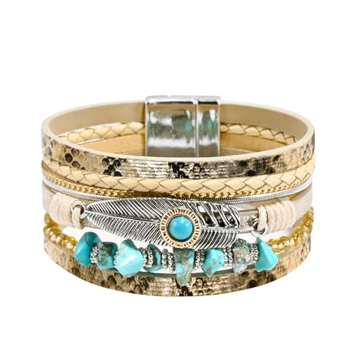 VIBILIA Boho Leather Wrap Bracelets for Women Men Multi-Layer Bracelets with Strong Clasp Western Jewelry - color: 09-Gravel Feather-Gold