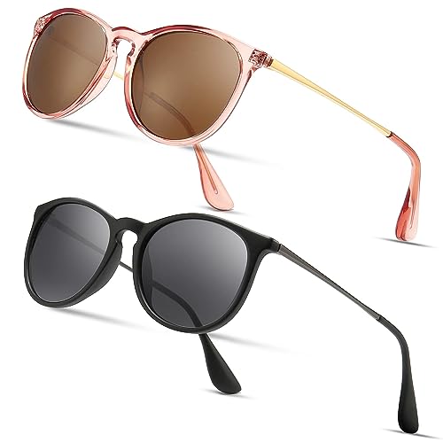 SUNGAIT Premium Vintage Round Sunglasses for Women Men Classic Retro Trendy Style - color: 2 Pack (Polarized): Matte Black/Gray+glossy Pink Brown/Light-brown