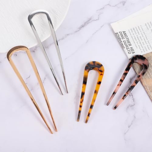4Pcs French Hair Pins, French Twist Hair Pin, U Shaped Frenchs Hairs Pins, Metal Hairing Pin for Women Tortoise Shell Fork Sticks for Women Girls Hairstyle Accessories