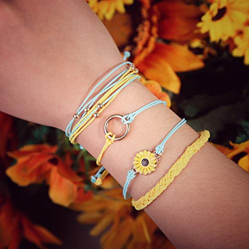 FANCY SHINY Easter Gifts Basket Stuffers Sunflower String Bracelet Boho Braided Rope Wrap Bracelets Cute Summer Beach Surfer Jewelry for Women - color: Yellow