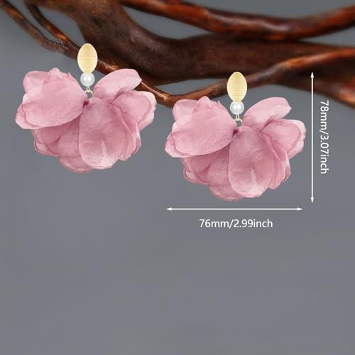Handmade Fabric Flower Petal Fringe Dangle Drop Earrings Bohemian Floral Tassel Stud Earrings For Women - color: Pink