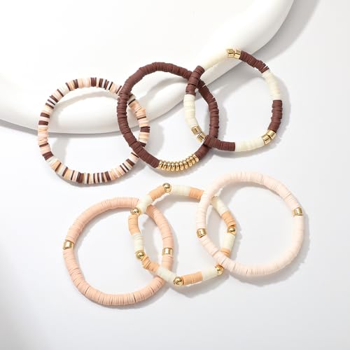 GOOJIDS Surfer Heishi Clay Bead Bracelets for Women Bohemian Stackable Gold Plated Beaded Stretch Bracelets Elastic Layering Friendship Bracelets Set Boho Jewelry - color: B-New Brown Color D