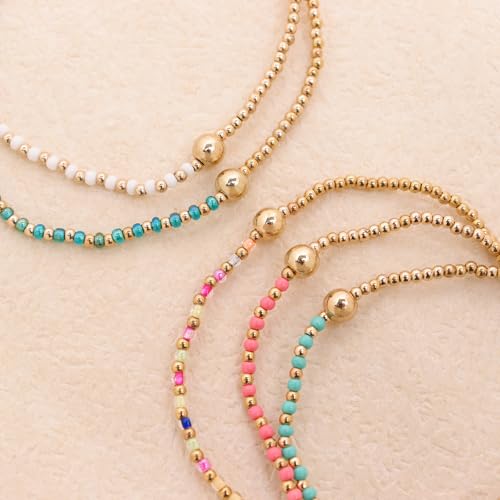 Gold Beaded Stackable Friendship Bracelets Set for Women, Handmade Boho Stretch Summer Jewelry Gift. - color: gold white green pink