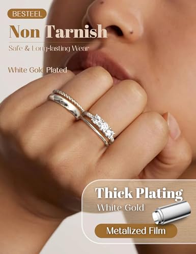 Besteel Gold Rings for Women - Non Tarnish 14K Gold Plated Stackable Rings, Dainty Cubic Zirconia Thin Thumb Ring Set, Trendy Statement Promise Wedding Bands Engagement Ring for Women Size 6-10 - color: Silver Plated