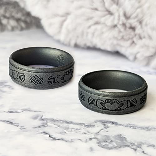 Knot Theory Silicone Ring for Men - Trinity, Claddagh, Celtic Engraving - 8mm Bandwidth Breathable Comfort Fit - color: Dark Silver Claddagh, size: Size 10 ~ 10.5