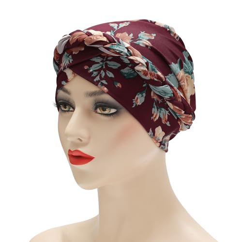 ZLYC Chemo Headwear for Women Pre Tied Turban Headwear Lightweight Beanie Hat - color: Braid Floral Burgundy