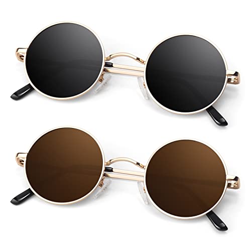 Round Polarized Sunglasses Men Women,Retro Metal Hippie Shades with 100% UV Protection - color: B5- Golden Frame Black Lens + Golden Frame Brown Lens