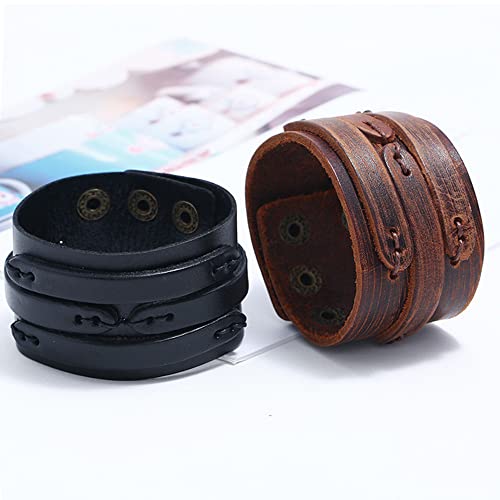 NIGHTCRUZ Punk Leather Cuff Bracelet, 2PCS Vintage Leather Wristband for Men Women - color: Brown