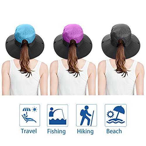 3 Pieces Womens Ponytail Wide Brim Sun Hat Packable UV Protection Beach Cap for Fishing & Hiking - color: Purple＆sky Blue＆gray