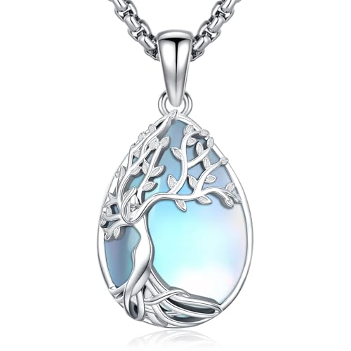 Turquoise/Amethyst/Moonstone/Black Onyx Tree of Life Necklace for Women Hummingbird Necklaces White Gold Plated Copper Jewelry - style: B-Tree of Life -Moonstone