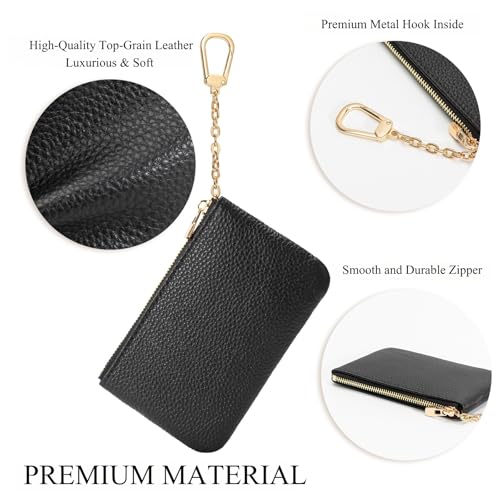 Full Grain Leather Coin Purse with Key Chain - Small Change Purse Keychain Card Holder Keychain Pouch Small Keychain Wallet for Women and Men (Black - Large Size) - color: Black, Large Size