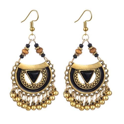 Vintage Boho Statement Drop Dangle Earrings for Women Bohemian Ethnic Handmade Beaded Charms Earring Bohemian Retro Chandelier Tassel Earrings Mexico Gypsy Jewelry Gift - color: G Black Triangle
