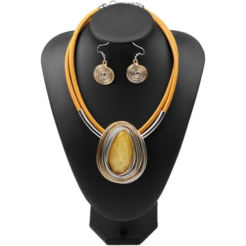 Ethnic Crystal Rhinestone Pendant Necklace Earrings Set Women Handmade Tribal Collar Choker Chunky Metal Bib Rope Chain African Statement Jewelry Set - color: NXR1484-yellow