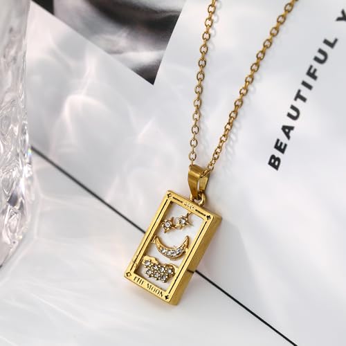 Gold Tarot Card Necklace for Women Men, Non Tarnish 18K Gold Plated Vintage Lucky Charm Square Pendant Talisman Amulet Necklaces Unisex Jewelry - style: The Moon