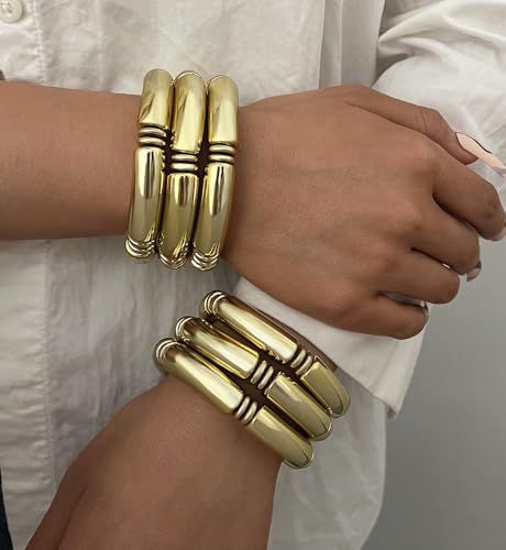 iF YOU 6pcs Chunky Acrylic Bangle Bracelets for Women, Resin Bamboo Brown Stretchy Bracelet Stack, Fashion Jewelry for Women - color: 6 Gold chunky acrylic bracelets