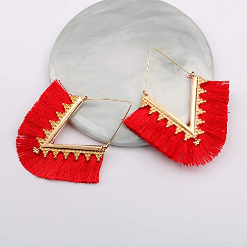 Tassel Hoop Earring Statement Thread Dangle Earrings Stylish Long Fringe Drop Earrings Lightweight Long Swingy French Hook Earrings for Women - color: A Red